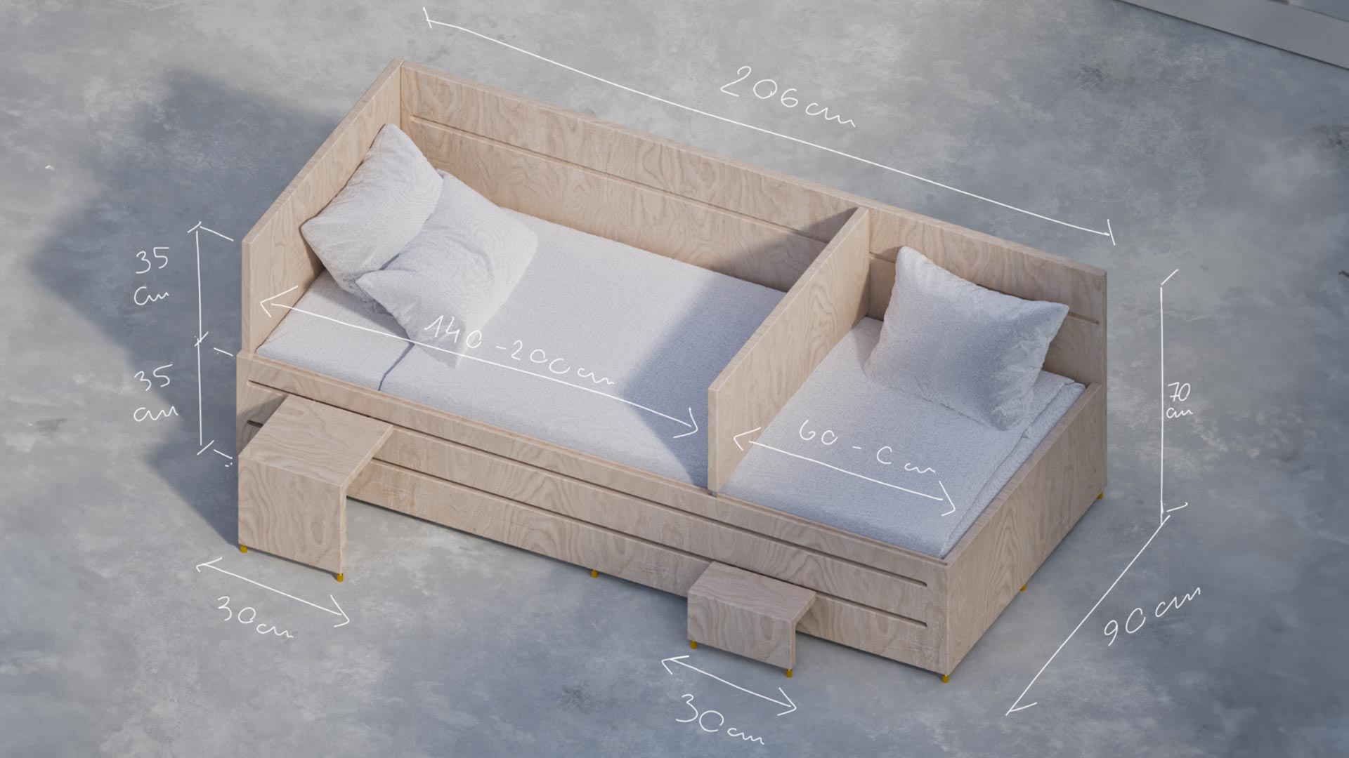 3D-Render eines Kinderbettes für ein Möbelprojekt des Sozialwerkes.